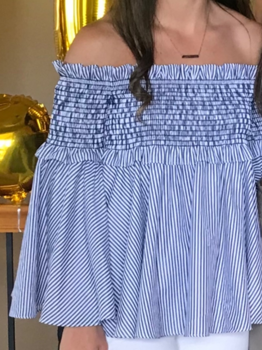 Wren & Willa Blue & White Striped Off Shoulder Smocked Ruffle Top